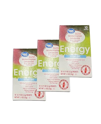 Great Value Watermelon Limeade Powdered Energy Electrolyte Drink Mix with Caffeine. 10 Packets Per Box. 3 Boxes. 30 Total Stick Packets