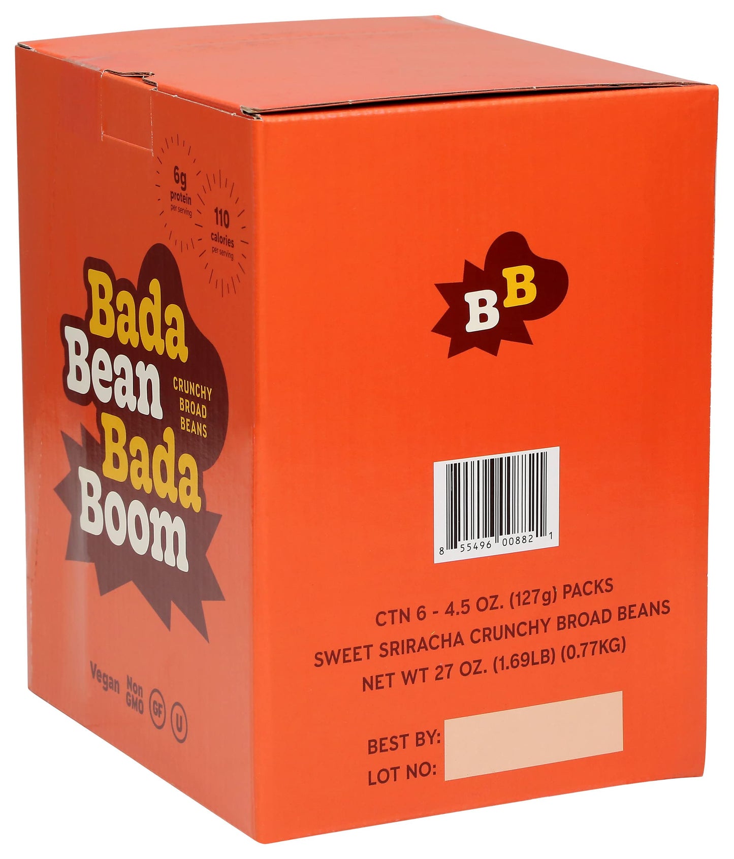 Bada Bean Bada Boom Plant-based Protein, Gluten Free, Vegan, Non-GMO, Soy Free, Kosher, Roasted Broad Fava Bean Snacks, Sriracha, 4.5 Ounce (Pack