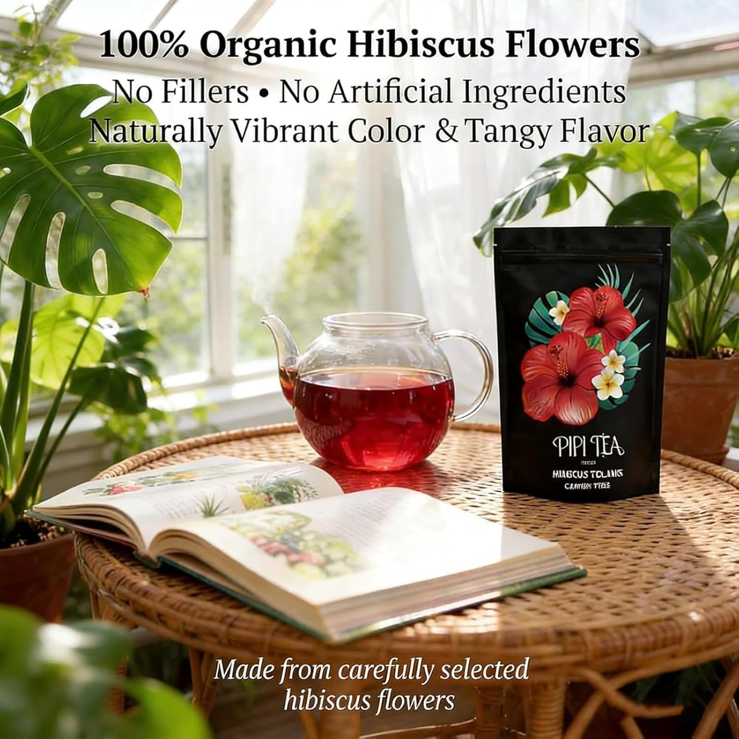 Pipi Hibiscus Tea,Pipi Tea Hibiscus Tea Bags Organic,100% Natural Organic Hibiscus Tea Bags,Natural Sweet & Sour Flavor,Caffeine-Free,30 Bags