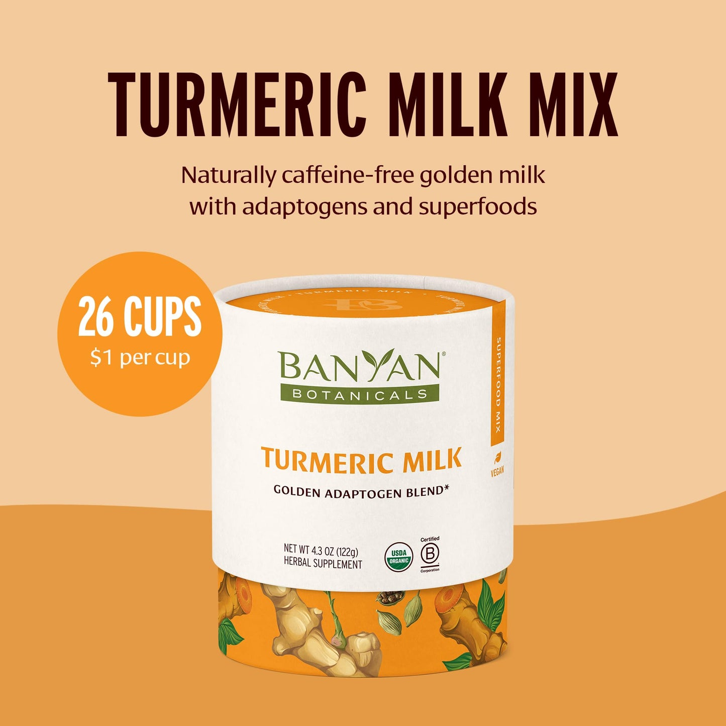 Banyan Botanicals Turmeric Milk - Organic Turmeric Latte Mix with Ashwagandha & Cardamom - Instant Caffeine Free Golden Milk with Maple Sugar - 4.3