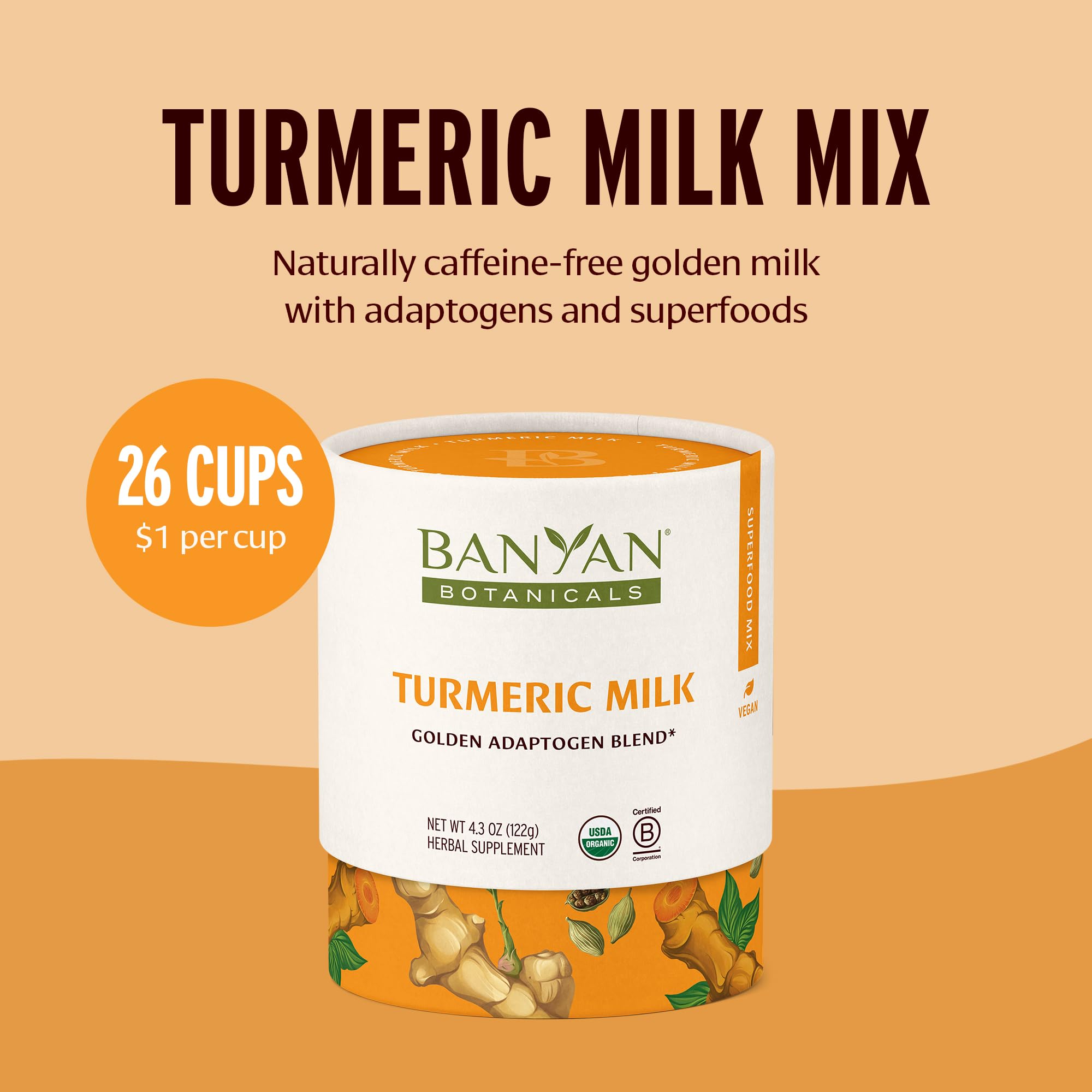 Banyan Botanicals Turmeric Milk - Organic Turmeric Latte Mix with Ashwagandha & Cardamom - Instant Caffeine Free Golden Milk with Maple Sugar - 4.3