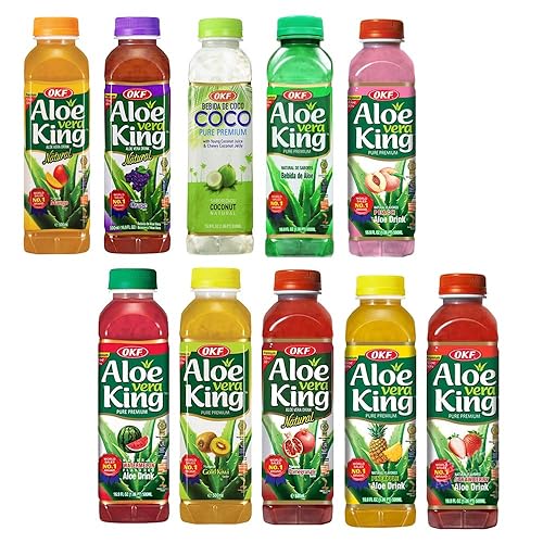 OKF Aloe Vera King Drink, Flavors includes Coco, Original, Grape, Mango, Pineapple, Watermelon, Pomegranate, Gold Kiwi, Peach, and Strawberry (10