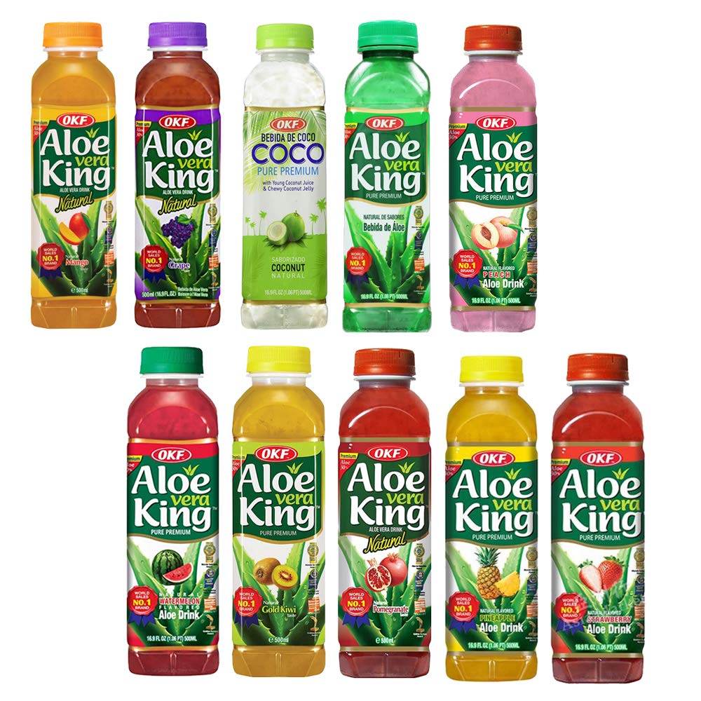 OKF Aloe Vera King Drink, Flavors includes Coco, Original, Grape, Mango, Pineapple, Watermelon, Pomegranate, Gold Kiwi, Peach, and Strawberry (10
