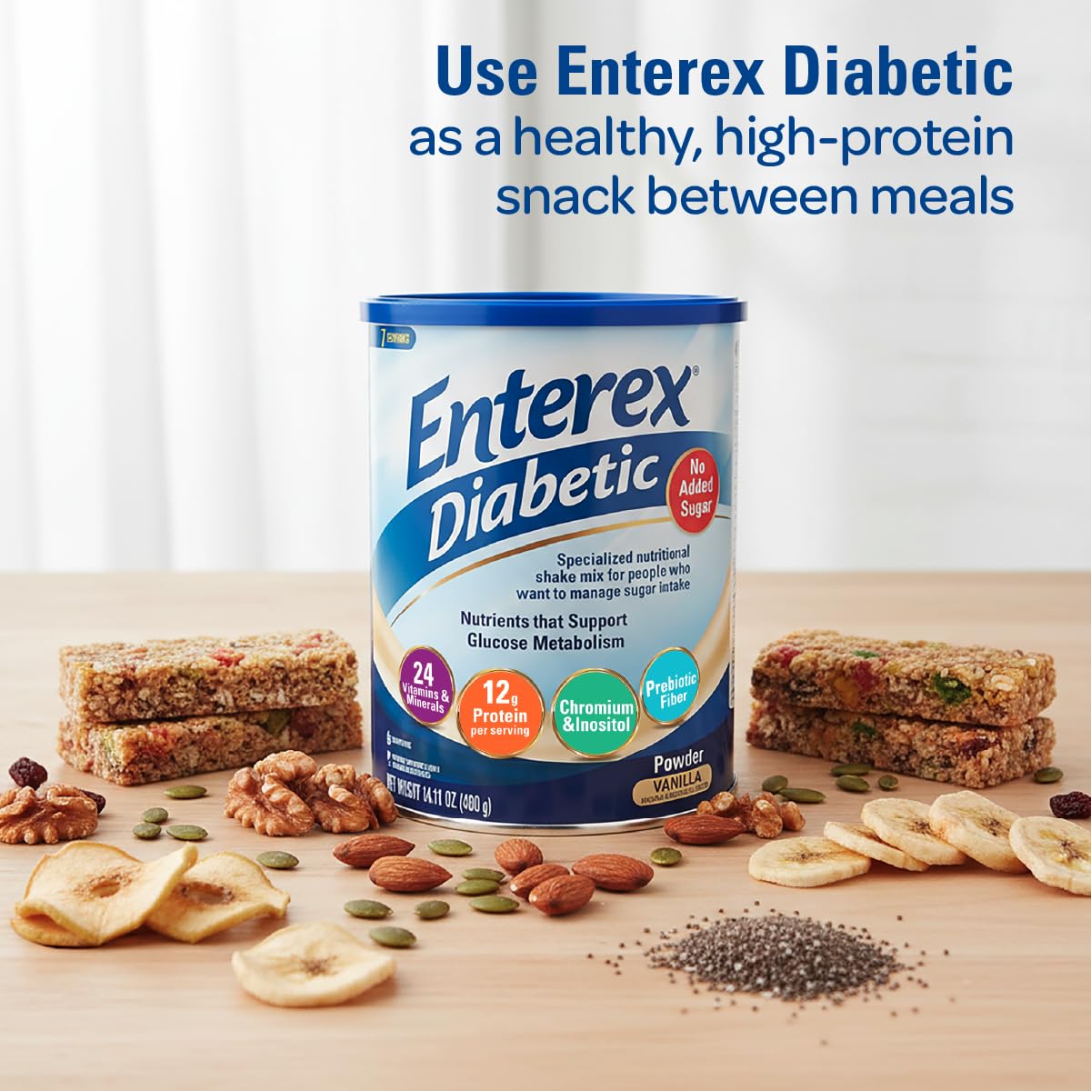 Enterex Diabetic Ready-to-Mix Nutritionally Complete Powder - No Added Sugar, Gluten Free, Vanilla Flavor, 400g (7 Servings)