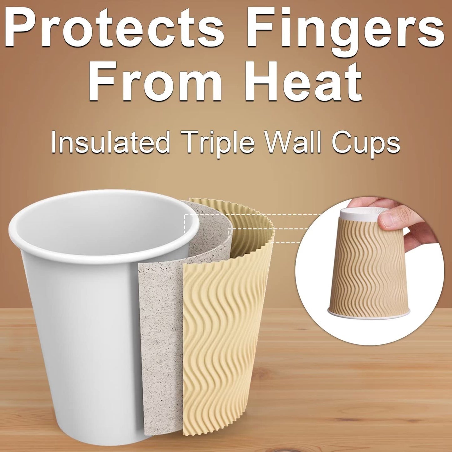 Hot Paper Cups_12 oz Disposable Insulated Corrugated Sleeve Ripple Wall Paper Cup 100 pcs,12oz Cups for Drink?Hot Coffee Cups (Brown)