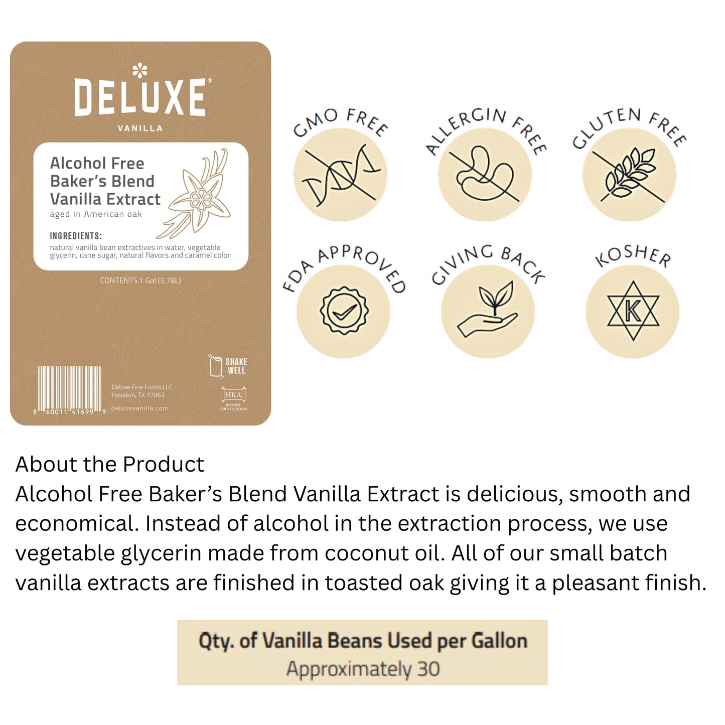 Alcohol Free Vanilla Extract Bakers Blend 4 fl oz Small Batch Producted in Oak Barrel Aged Intense Flavor - Non Alchoholic