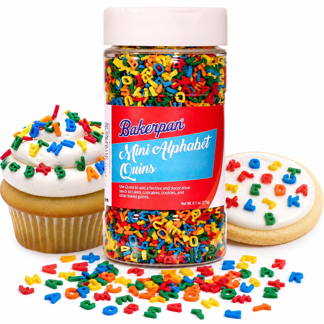 Bakerpan Quins Alphabet Sprinkles for Cake Decorating - 6.1 Ounces - ABC Edible Confetti Sprinkles for Cupcakes, Ice Cream, Cookies, Cakes