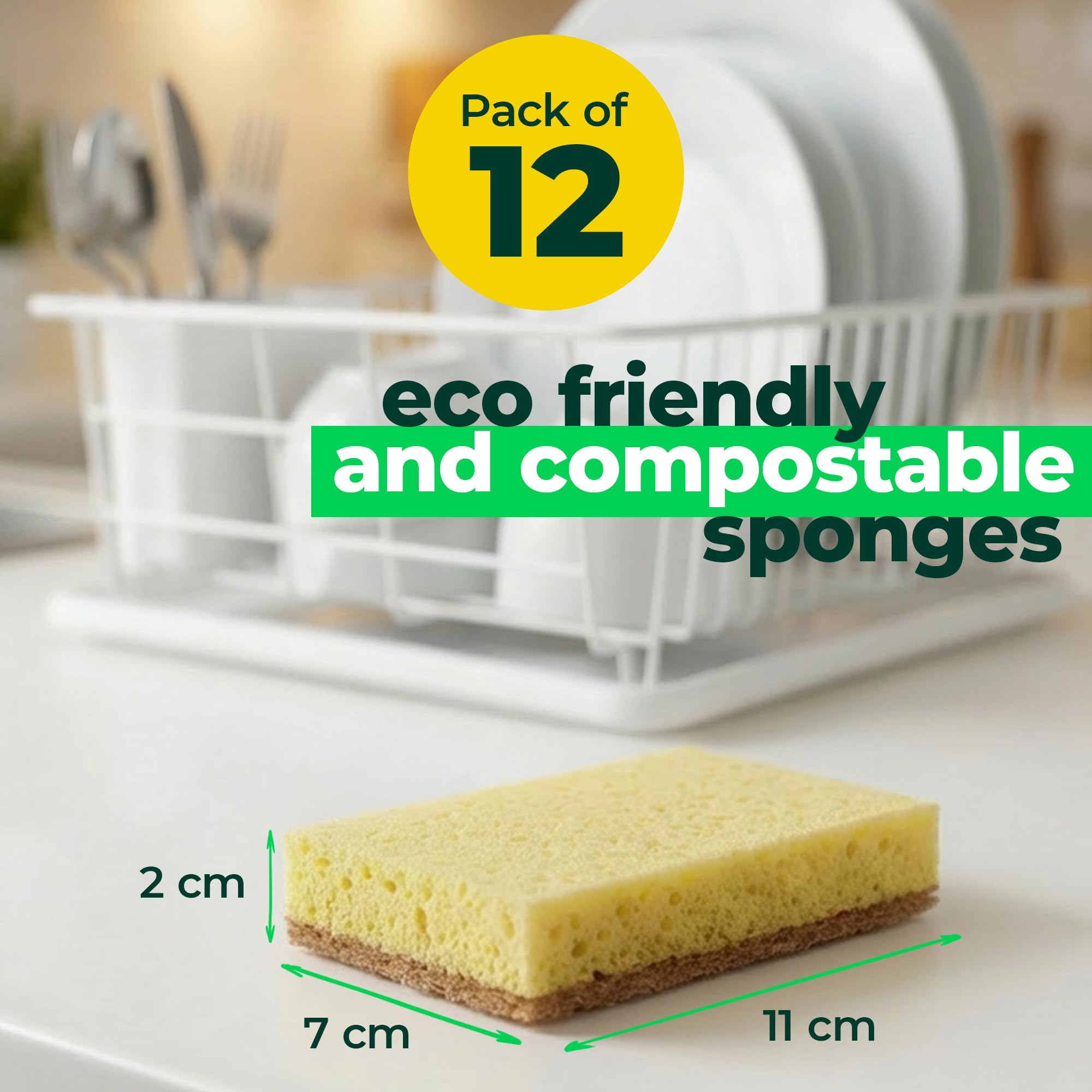 bioGo 12 Pack Natural Biodegradable Kitchen Sponges - Eco-Friendly, Compostable, Cellulose Dish - Compostable - Biodegradable - Cellulose Sponge