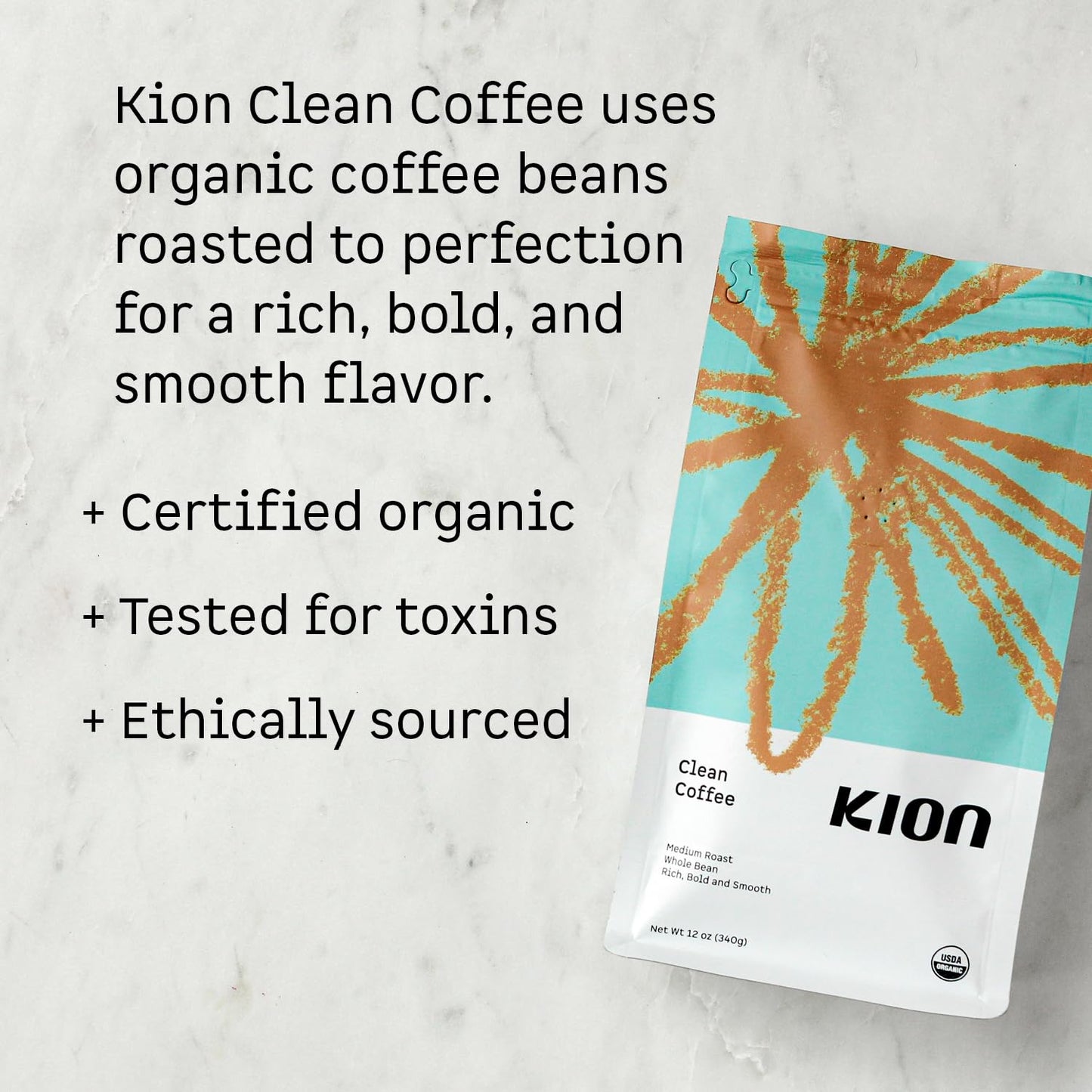 Kion Organic Whole Bean Coffee, Tested for Toxins, Ethically Sourced, Rich, Bold, and Smooth, Medium Roast 12 Oz (1 Pack)