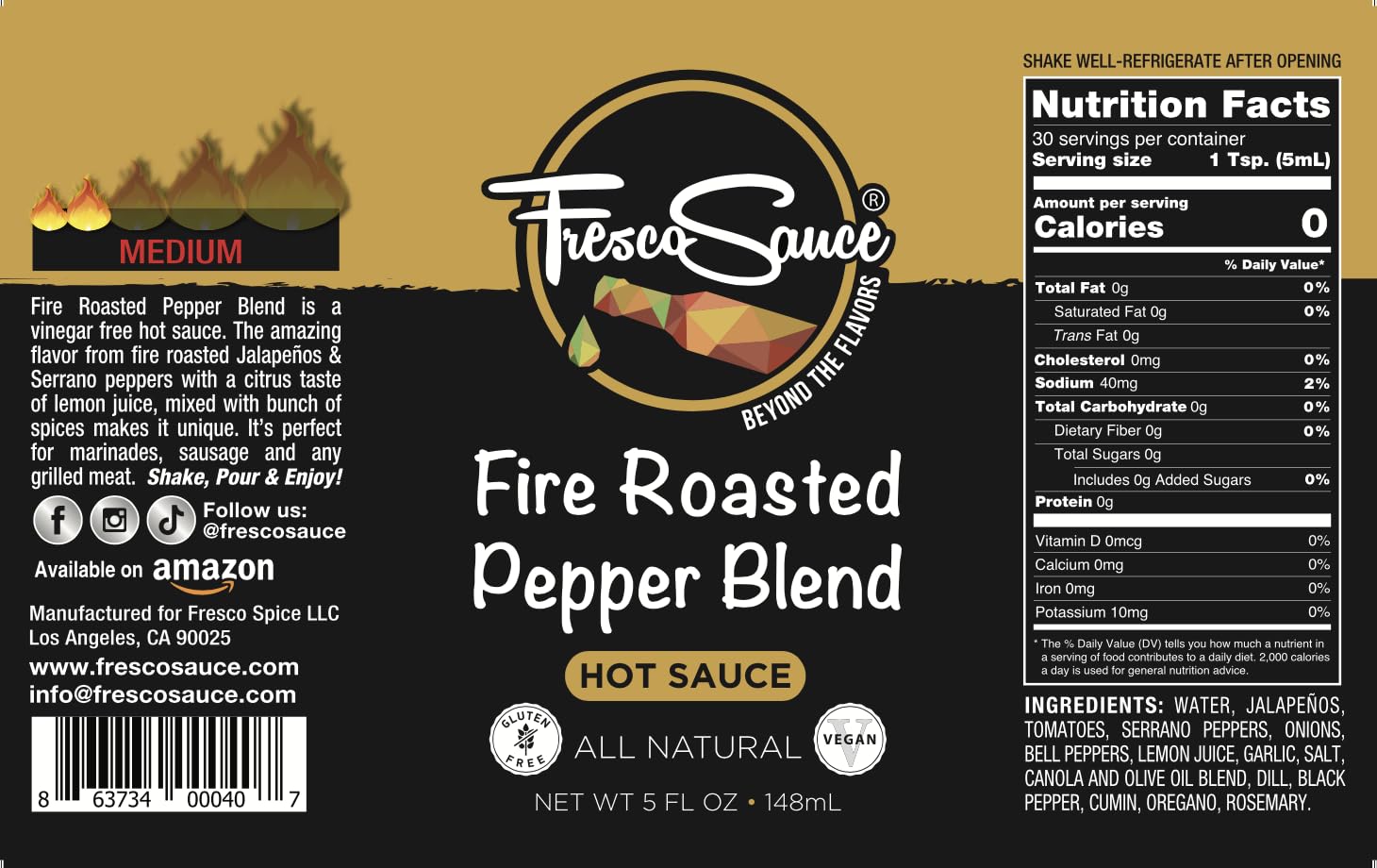 Fresco Sauce - Two Pack Combo - Fire Roasted Pepper Blend - Chipotle & Habanero - Flavorful Hot Sauces - All Natural- Vegan - Gluten Free - 5 fl oz
