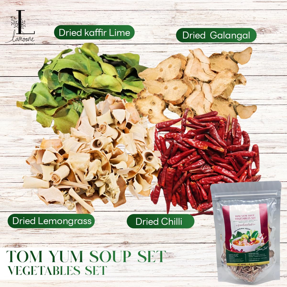 Lamoone Thai Tom Yum & Tom Kha Soup Spice Mix, Authentic Thai Herbs & Chili, Lemongrass Galangal Lime Leaves, 30g (1.06 oz), Makes 2-4 Servings