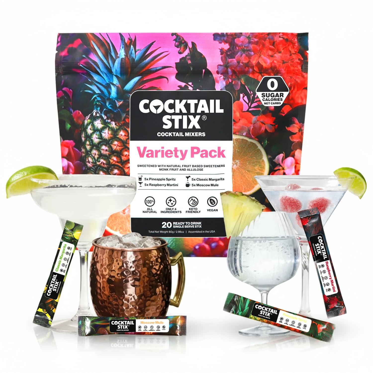 Cocktail Stix Zero Sugar Variety Pack - Cocktail & Mocktail Drink Mixer - Skinny Mixes - Water Flavoring Packets - Vegan - No Calories, No Carbs, No