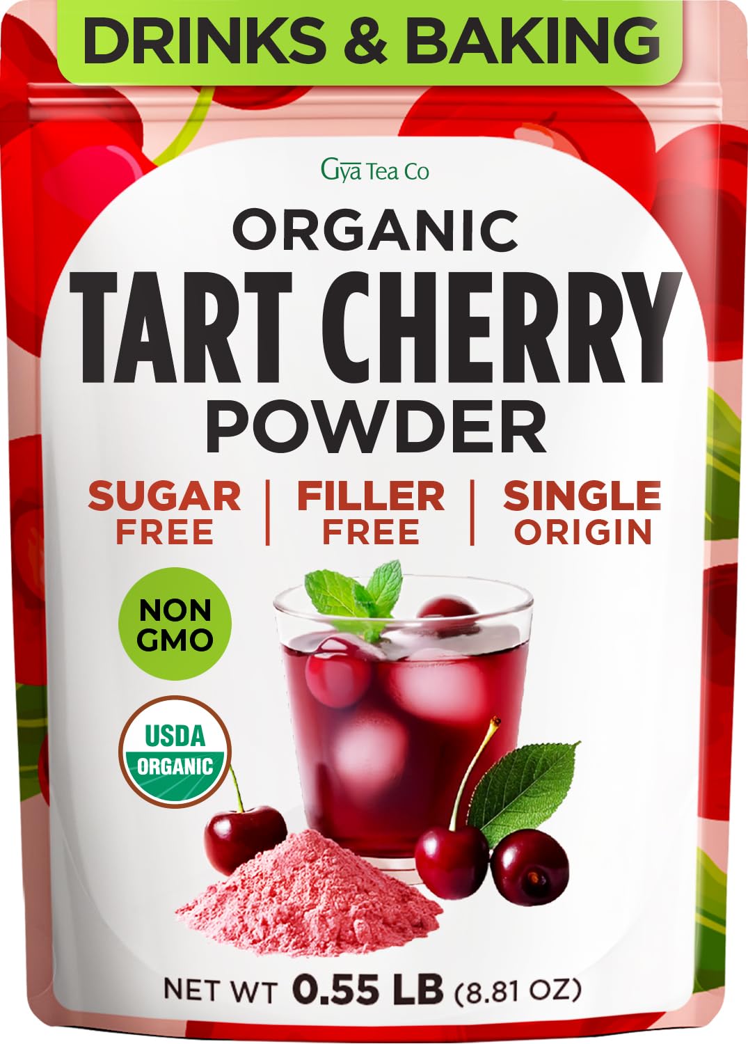 Organic Tart Cherry Powder, 0.55 Lb - 100% Natural Juice Extract, Sweet Tangy Flavor Great for Drinks, Smoothies & Baking - Rich in Antioxidants