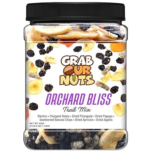 Grab Our Nuts Orchard Bliss Trail Mix 40 Ounce Jar: Raisins, Chopped Dates, Dried Pineapple, Dried Papaya, Sweetened Banana Chips, Dried Apricots