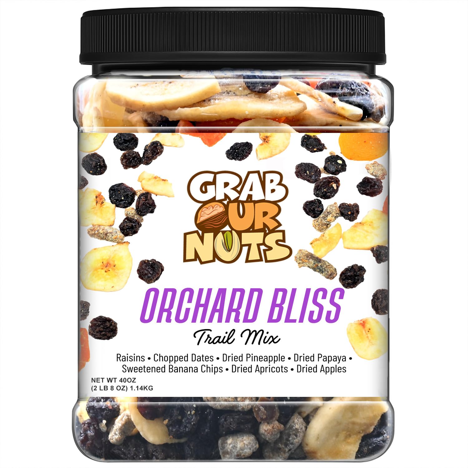 Grab Our Nuts Orchard Bliss Trail Mix 40 Ounce Jar: Raisins, Chopped Dates, Dried Pineapple, Dried Papaya, Sweetened Banana Chips, Dried Apricots