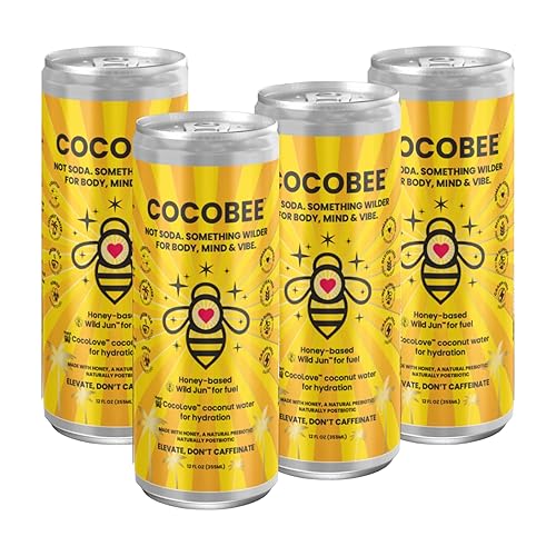 CocoBee Coconut Hydration + Energy Drink from Wild Tonic, 12 oz Each, 4 Pack, Made with Coconut Water, Organic Honey & Green Tea, Microbiome Support