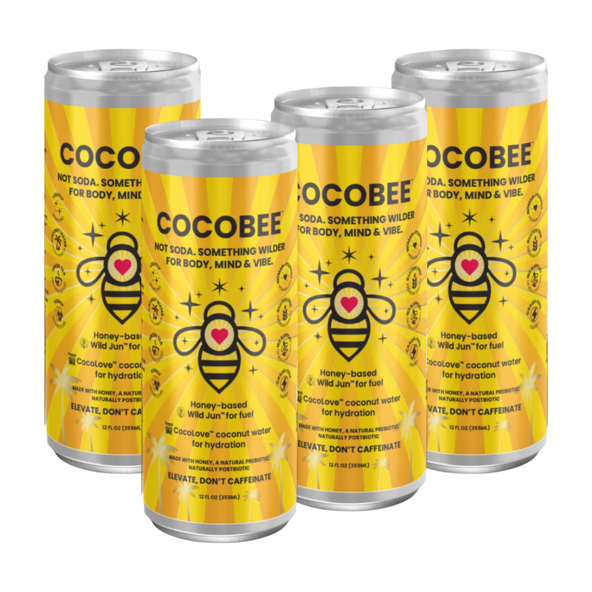 CocoBee Coconut Hydration + Energy Drink from Wild Tonic, 12 oz Each, 4 Pack, Made with Coconut Water, Organic Honey & Green Tea, Microbiome Support