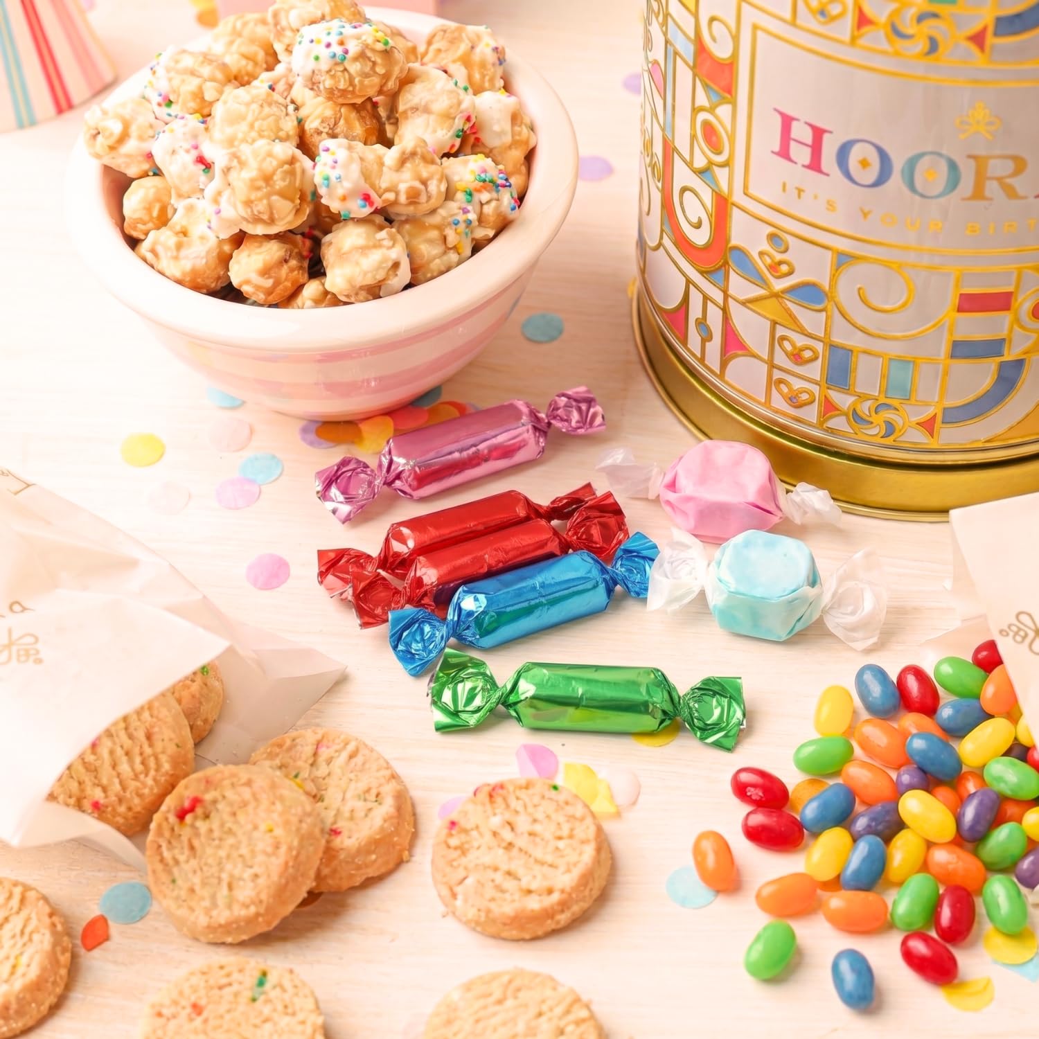 Birthday Gift Basket | Popcorn, Sweets, Candy, Cake Flavors | Tin Spins, Plays Music Happy Birthday | Bonnie and Pop