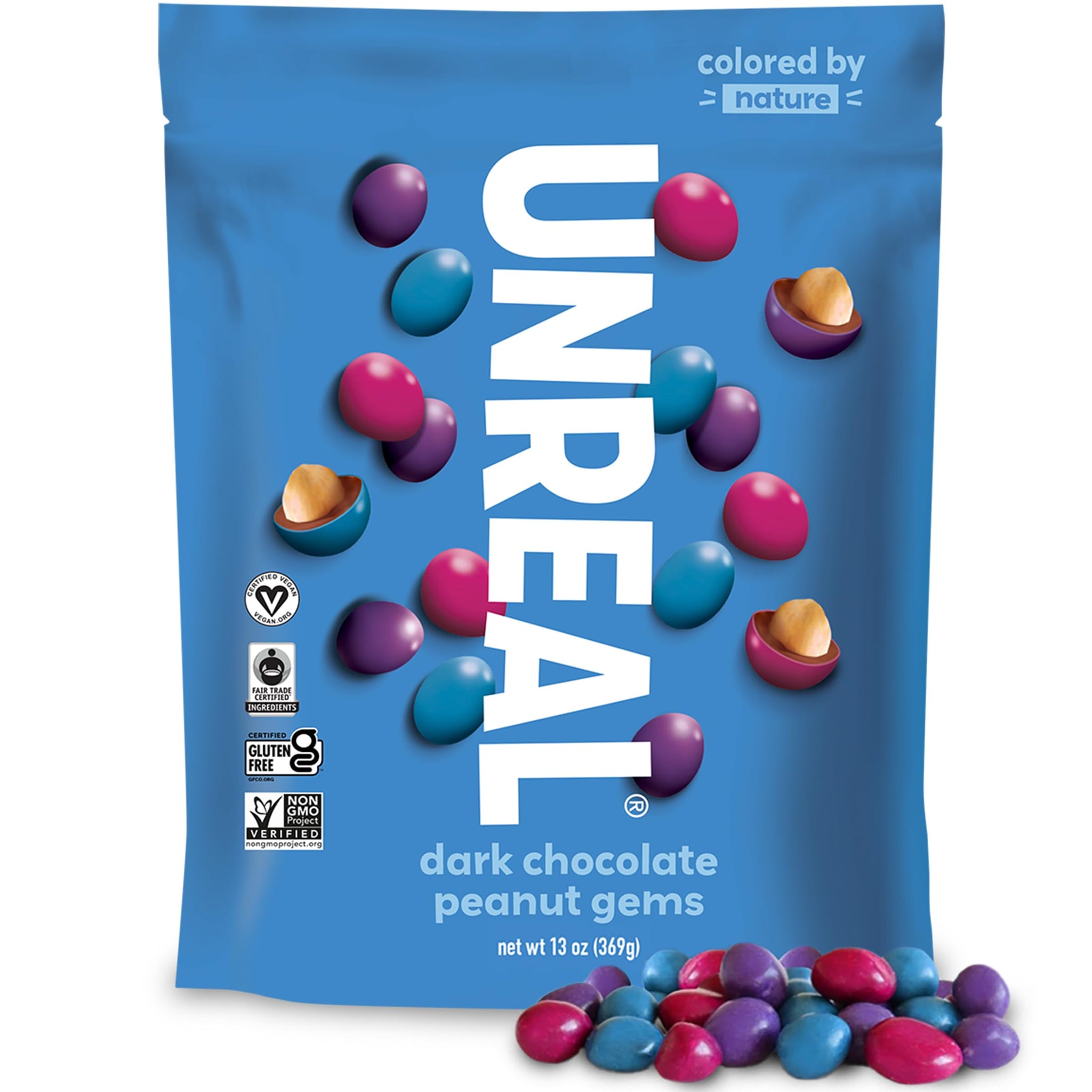 Unreal Dark Chocolate Peanut Gems | Vegan with Colors from Nature | Fair Trade, Non-GMO, Gluten Free Ingredients | No Sugar Alcohols or Soy, 13oz, 1