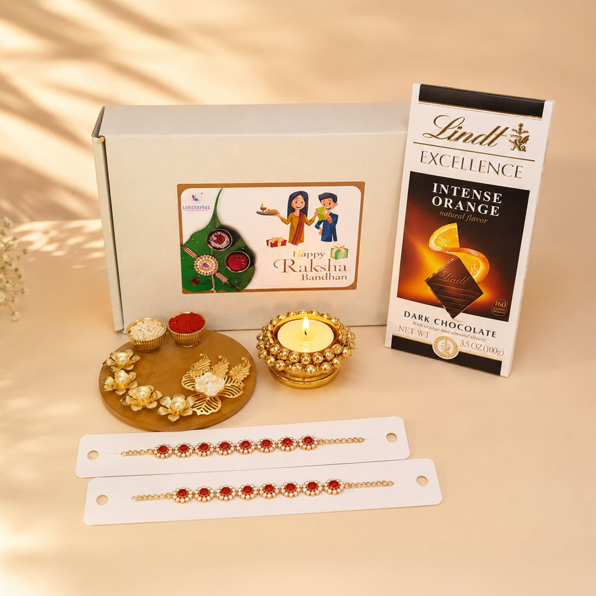 LoveNspire Rakhi Gift Hamper Set for Brother & Bhabhi - Set of 2 Bracelet Rakhis with Tealight Candle Holder, Haldi Kumkum Plate, Roli Chawal