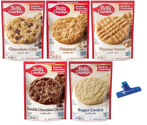 Betty Crocker Cookie Mix Variety, Chocolate Chip, Oatmeal, Peanut Butter, Double Chocolate Chunk, and Sugar Cookie, 17.5 Ounce (Pack of 5) - with Make Your Day Bag Clip