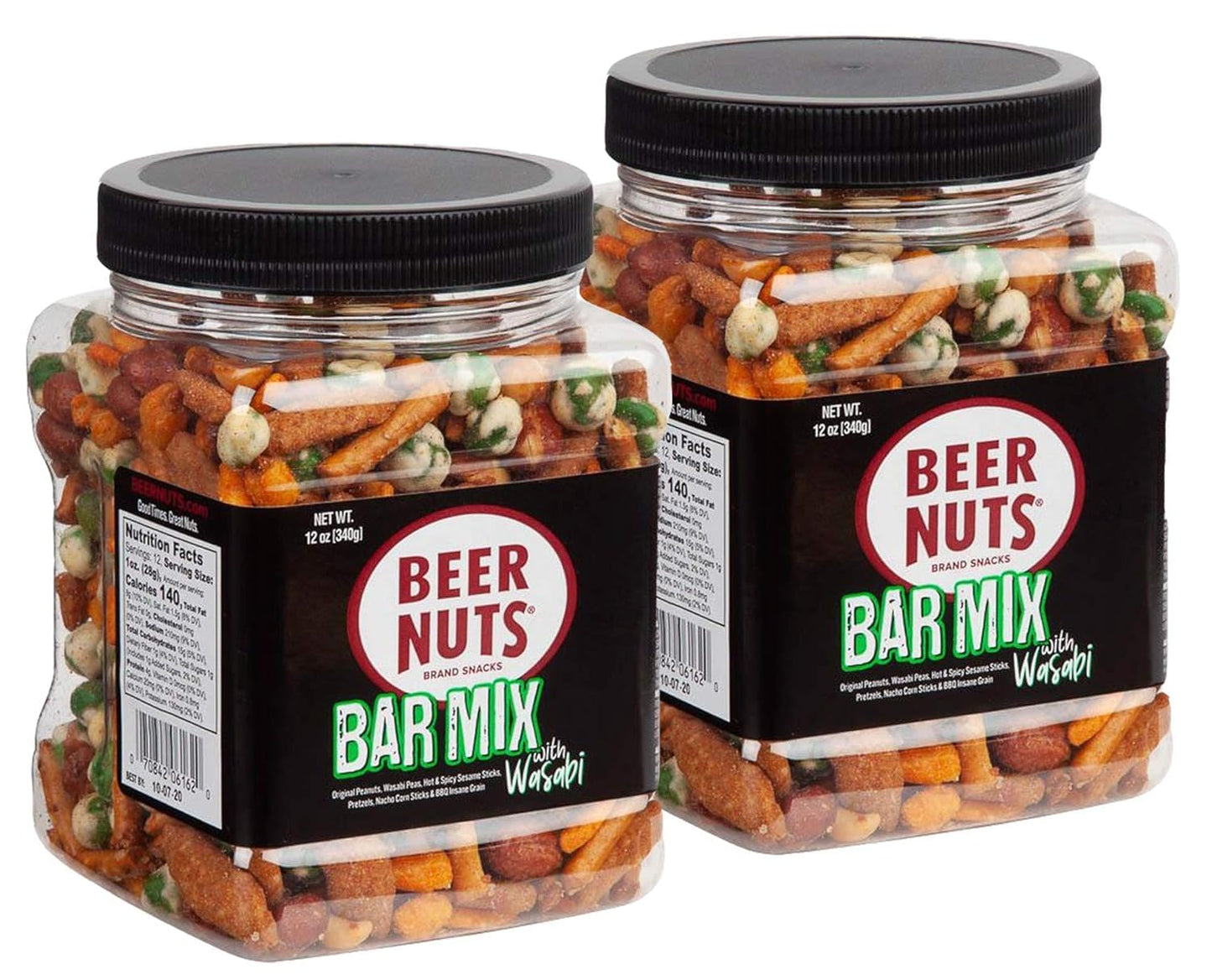 BEER NUTS Bar Mix w/Wasabi - Pretzels, Cheese Stix, Sesame Stix, Insane Grain & Wasabi Peas - 12oz Resealable Jar (Pack of 2)