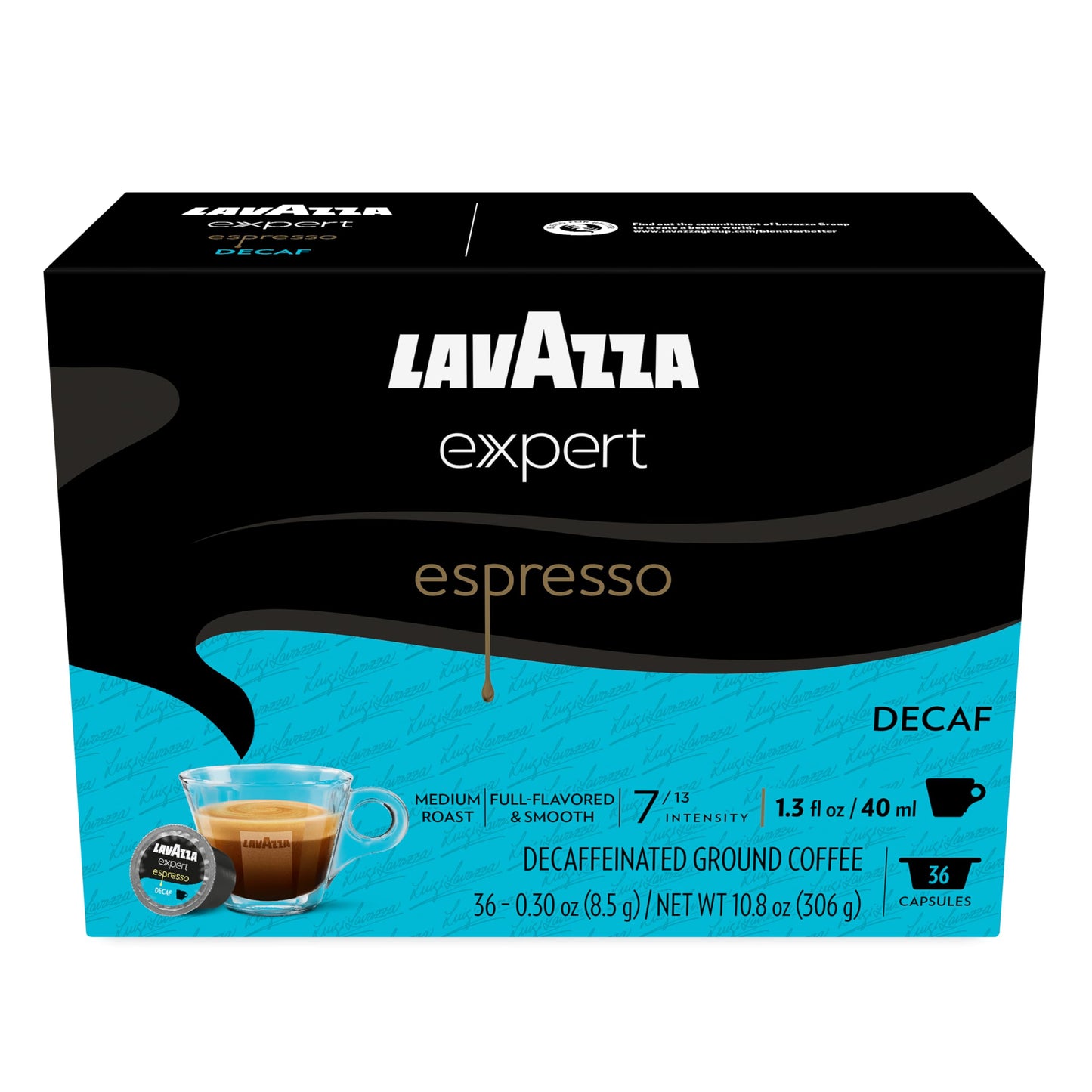 Lavazza Expert Espresso Decaf Capsules, Medium Roast, Arabica and Robusta Blend, Compatible with Lavazza Classy Machines (36 Capsules)