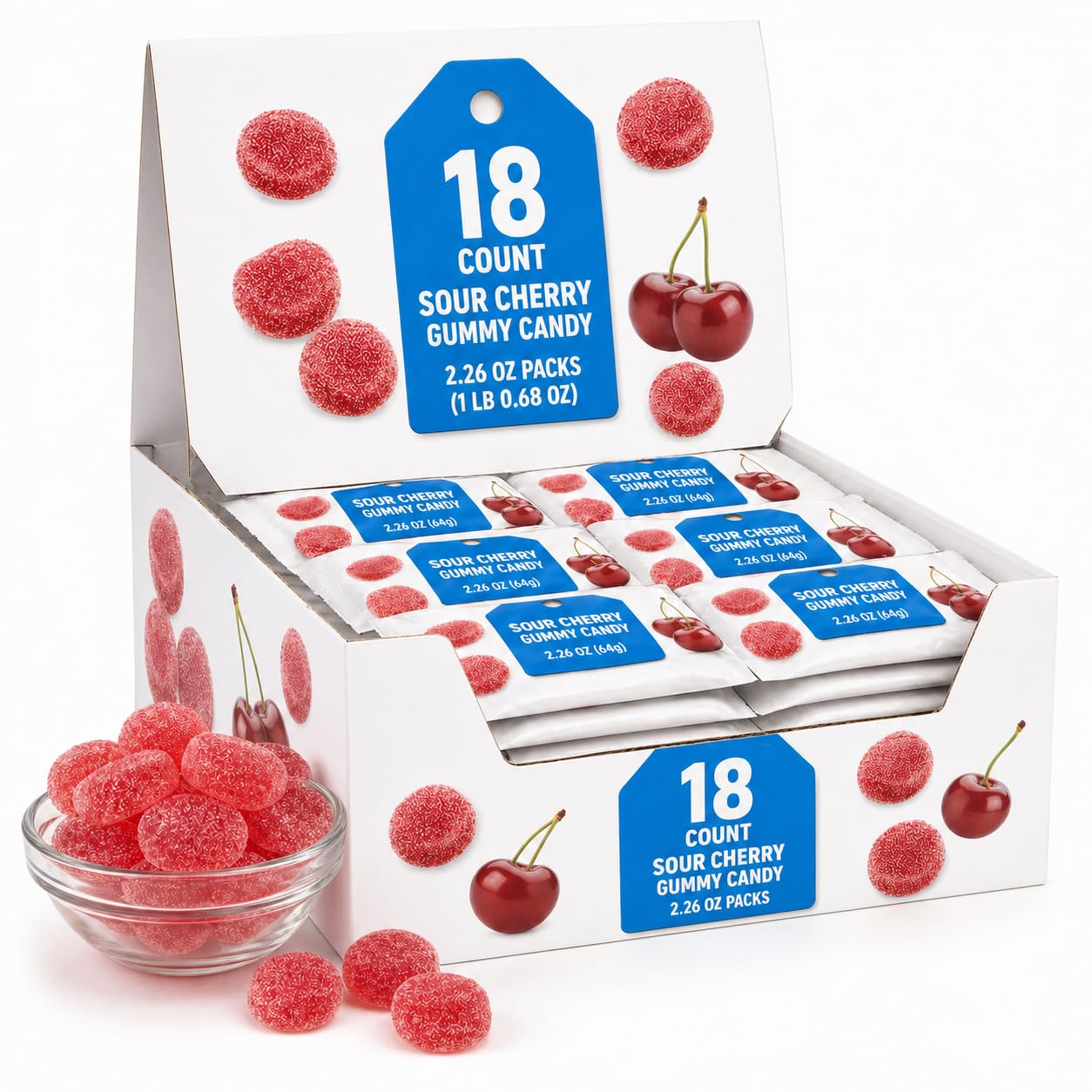 Sour Cherry Gummy Candy, 18 Count Box, 2.26 oz Packs, Chewy Fruity Treat