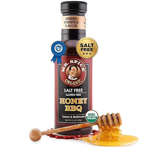 Mr. Spice Organic Honey BBQ Sauce, Salt Free BBQ Sauce (5mg/serving), Gluten Free, Low Sodium Barbecue Sauces for Marinade, Grill & Air Fryer, No Salt