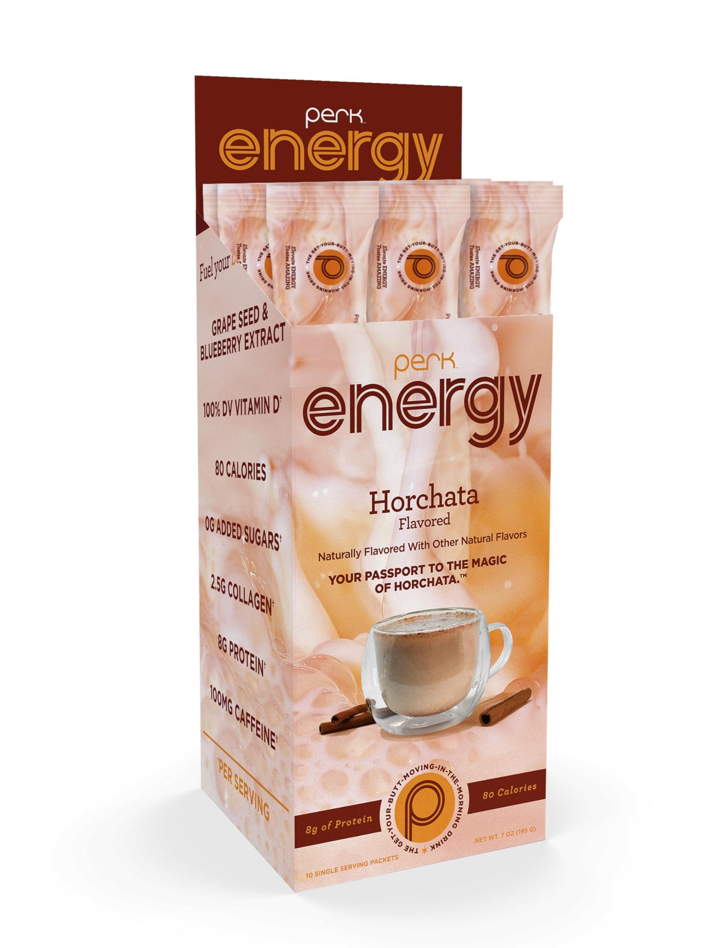 Perk Energy Drink Mix (Horchata) 10 Stick Packs - Caffeinated Healthy Coffee Alternative with Protein, 100mg of Caffeine, Gluten-Free, Soy-Free