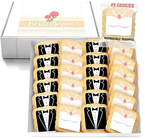 Wedding Cookie Bride and Groom Cookies 24 Pack Individually Wrapped Party Favor Bridal Shower Engagement Theme Cookies Tuxedo Dress