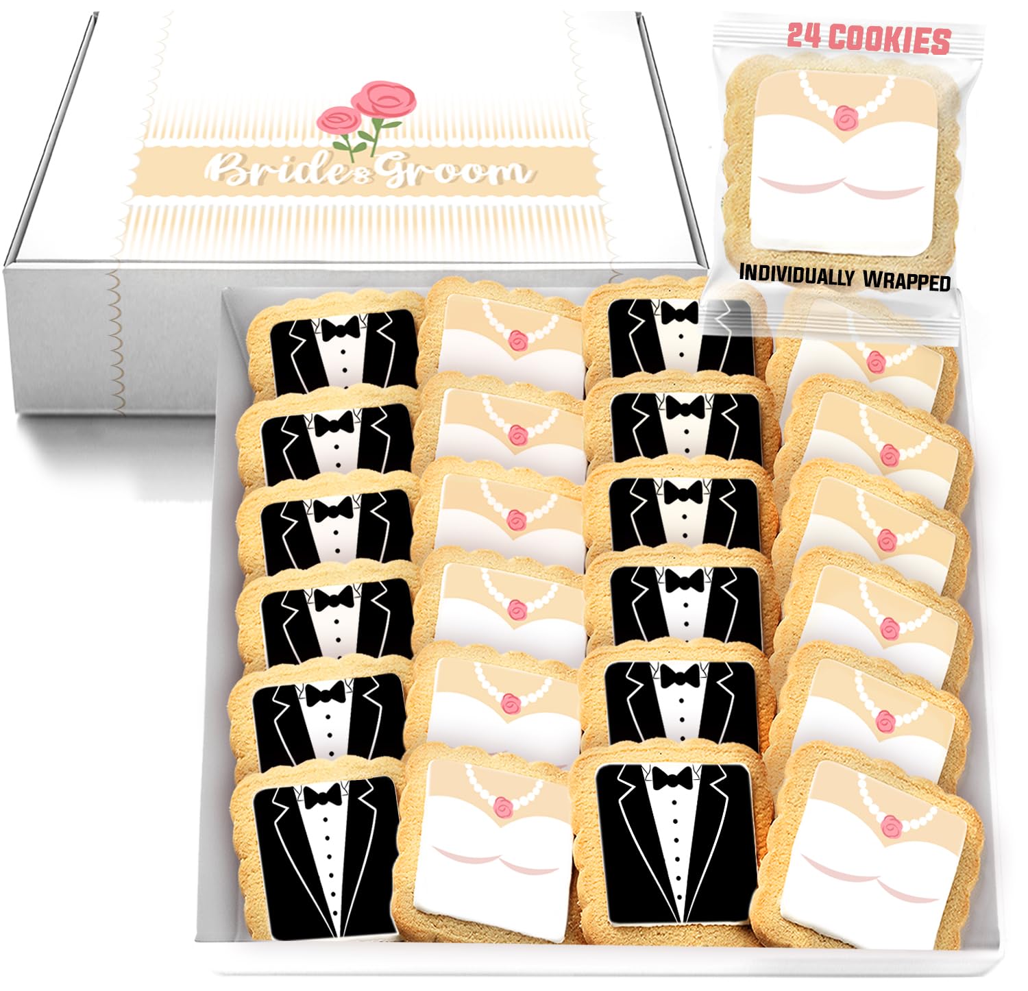 Wedding Cookie Bride and Groom Cookies 24 Pack Individually Wrapped Party Favor Bridal Shower Engagement Theme Cookies Tuxedo Dress