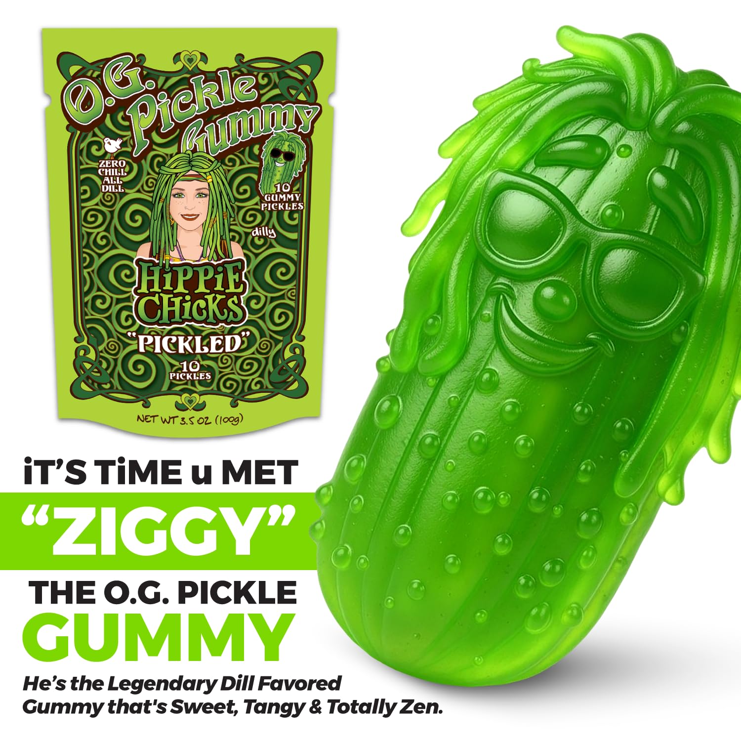 Hippie Chicks "Pickle Gummie" - Tangy & Bold Dill Pickle Flavored Candy - Fun Novelty Snack for Pickle Lovers & Foodies - Zesty, Sour & Salty Treat