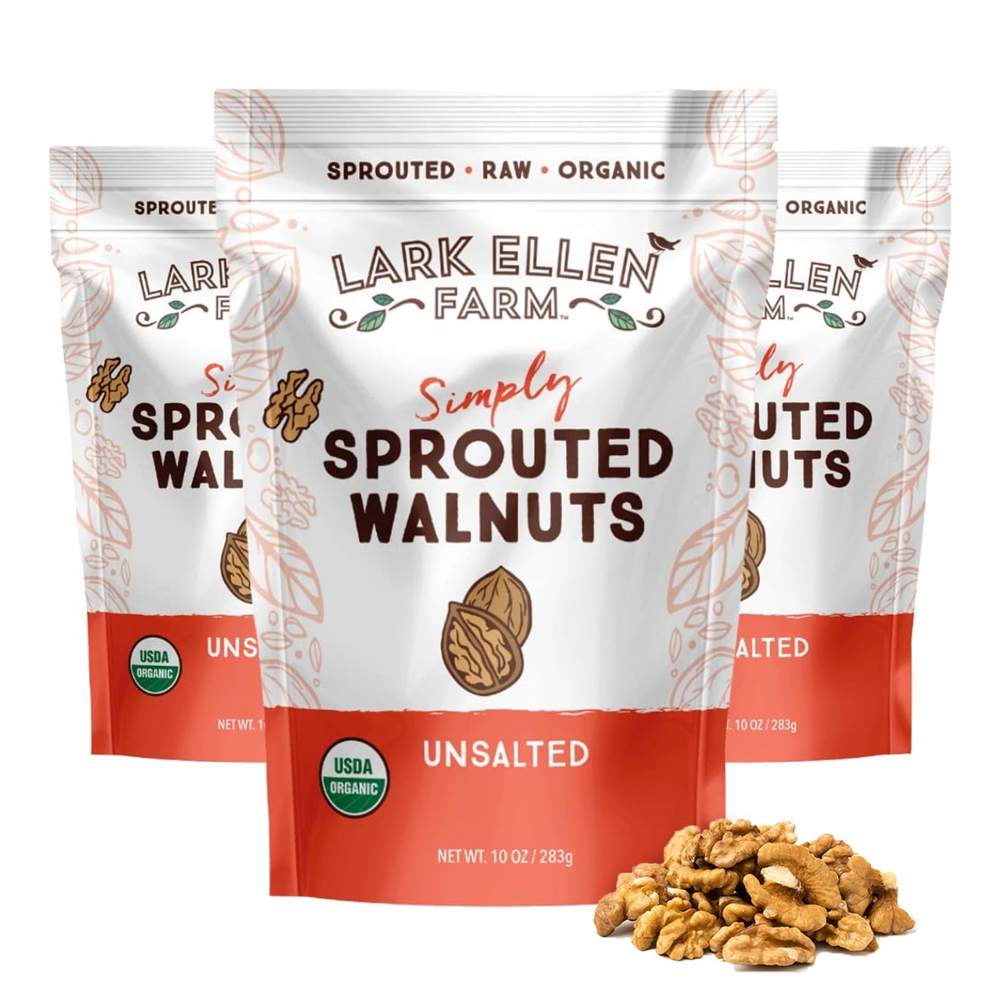 Lark Ellen Farm Organic Sprouted Walnuts - Raw, Unsalted, Keto-Friendly, Healthy Vegan Snack, Gluten-Free, 10 Oz, 3 Pack