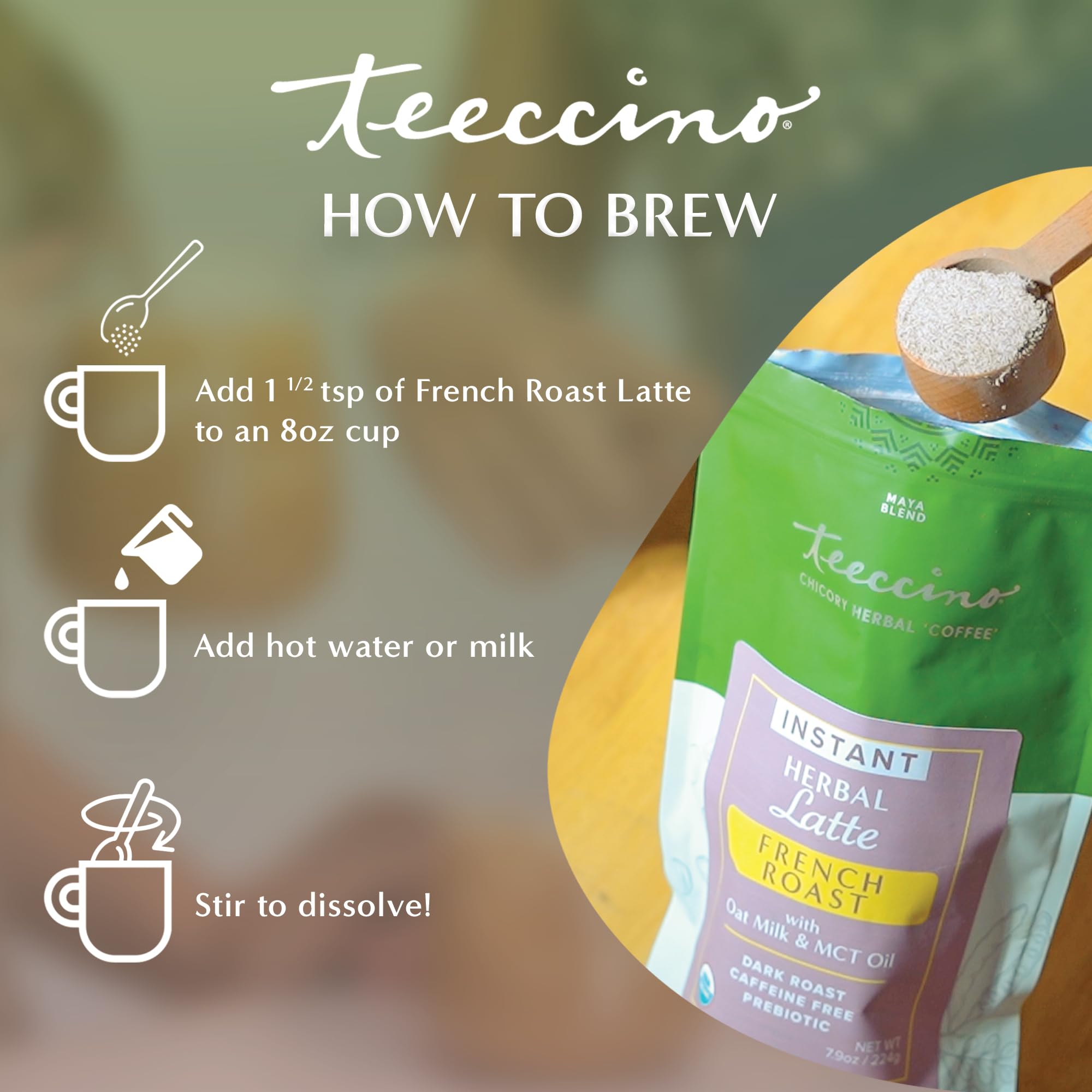 Teeccino Organic Instant French Roast Herbal Latte - 14 Servings - Creamy Oat & Coconut Latte Plus MCT Oil with a Bold, Coffee-Like Blend of Roasted