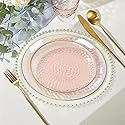 Efavormart 10-Pack 7" Transparent Blush Pink Hammered Plastic Dessert Plates, Round Appetizer Plates with Gold Rim for Bridal Showers and Tea Parties