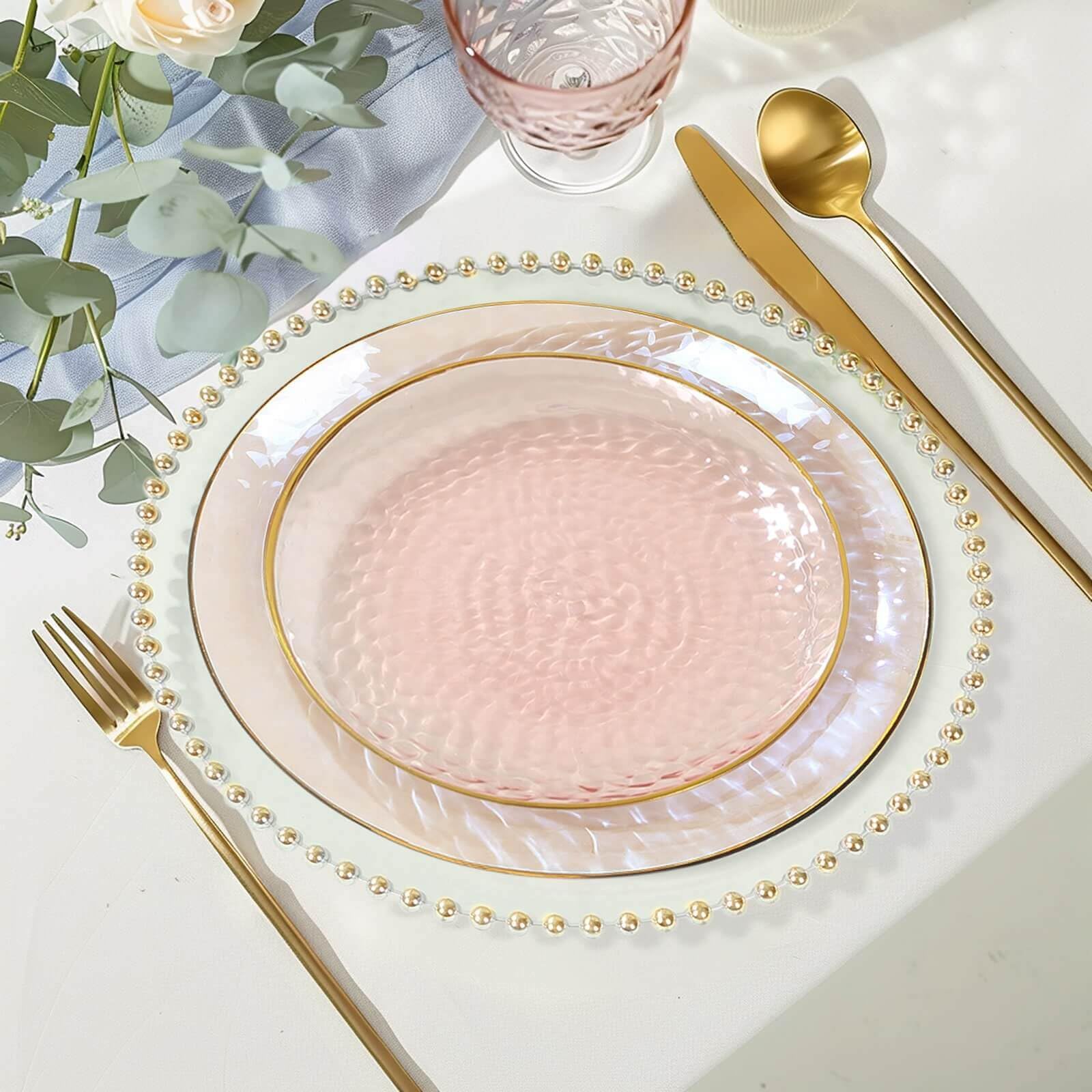 Efavormart 10-Pack 7" Transparent Blush Pink Hammered Plastic Dessert Plates, Round Appetizer Plates with Gold Rim for Bridal Showers and Tea Parties