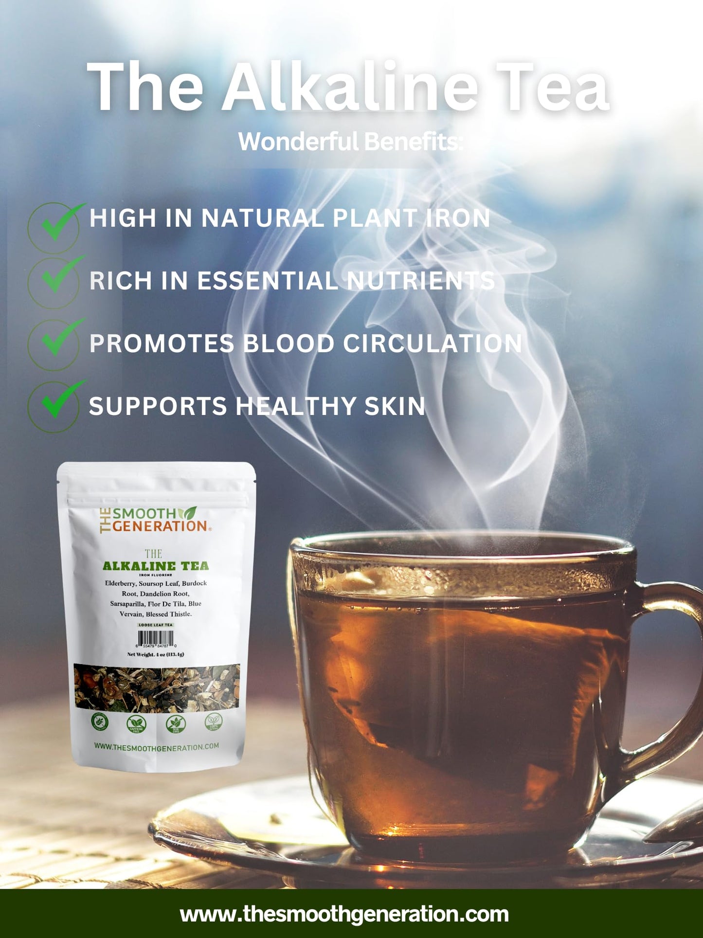 The Alkaline Tea - Wildcrafted Herbal Blend - Elderberry, Dandelion Root, Burdock, Flor de Tila.