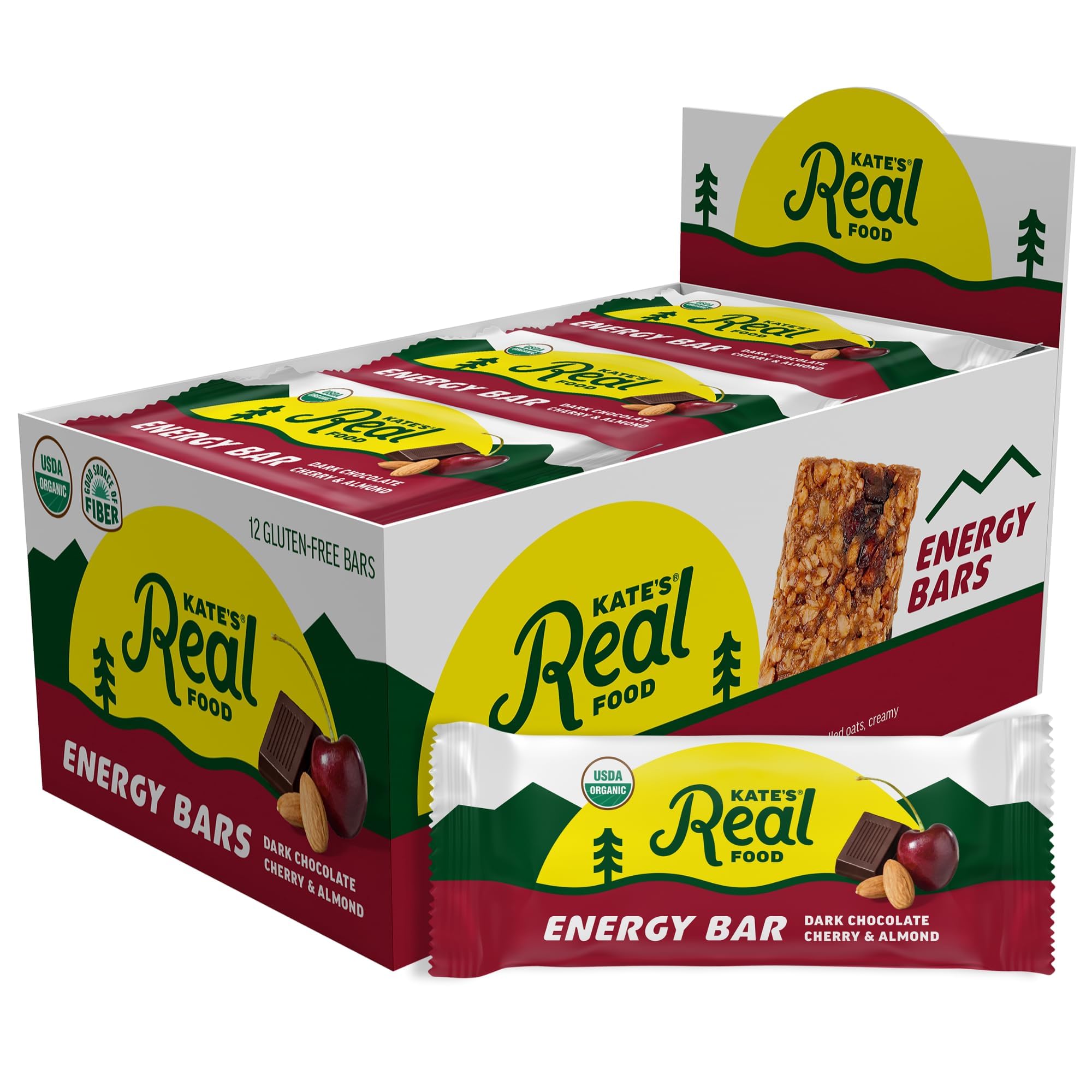 Kate’s Real Food Organic Granola Bars - Dark Chocolate Cherry & Almond (2.2 oz, Pack of 12) - Organic Energy Bars Made with Gluten Free Oats - Non
