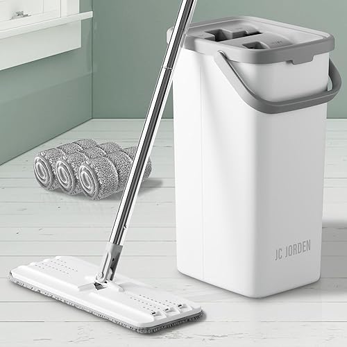 JC Jorden Mop and Bucket with Wringer Set, Hands Free Flat Floor Mop and Bucket, 3 Washable Microfiber Pads Included, Wet and Dry Use, Home Floor
