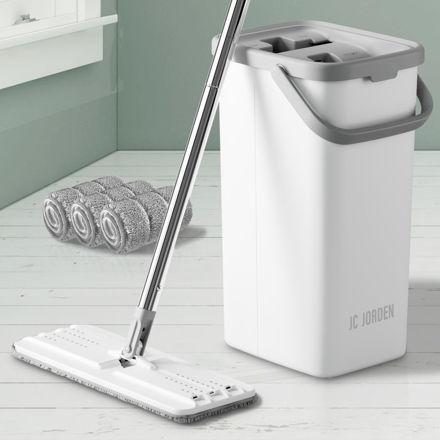 JC Jorden Mop and Bucket with Wringer Set, Hands Free Flat Floor Mop and Bucket, 3 Washable Microfiber Pads Included, Wet and Dry Use, Home Floor