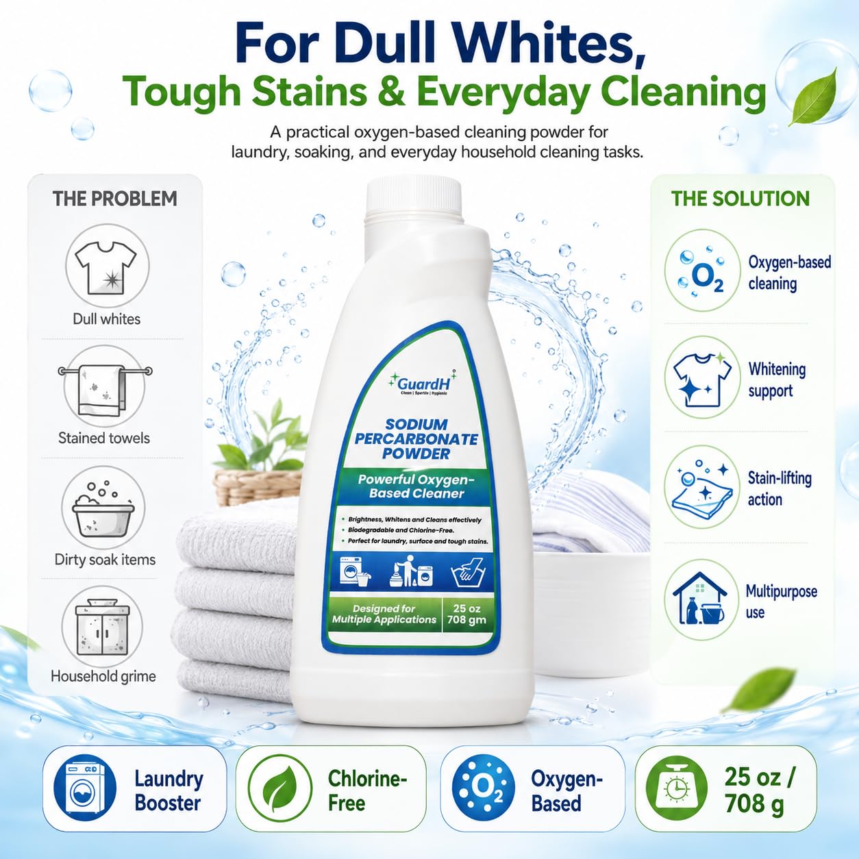 GuardH Sodium Percarbonate Powder - 25 oz | Oxygen-Based Laundry Booster | Natural Stain Remover & Fabric Brightener