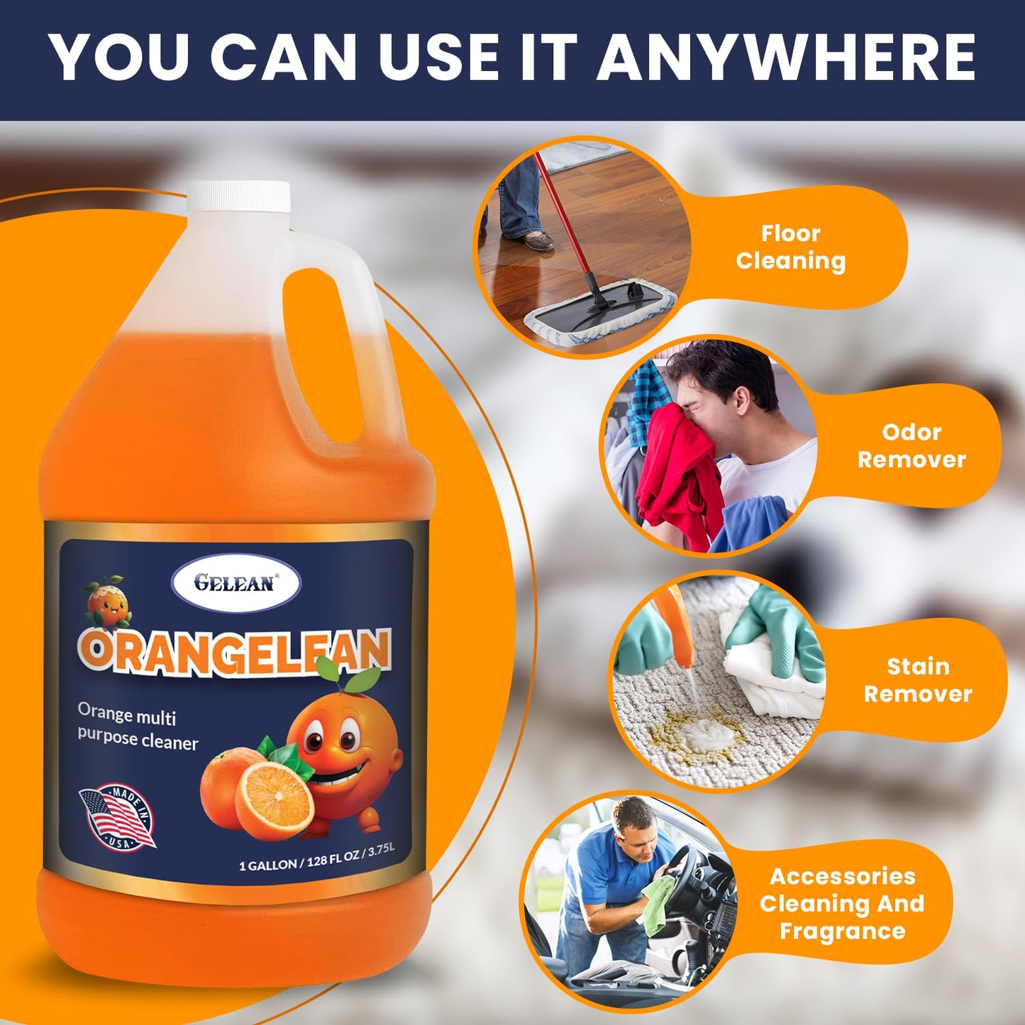 Multi Purpose Cleaner Pet Odor eliminator - Concentrate MAKES 64 GALLON - MADE IN USA- pH Neutral - ORANGELEAN Strong Odor Floor Cleaner - Orange