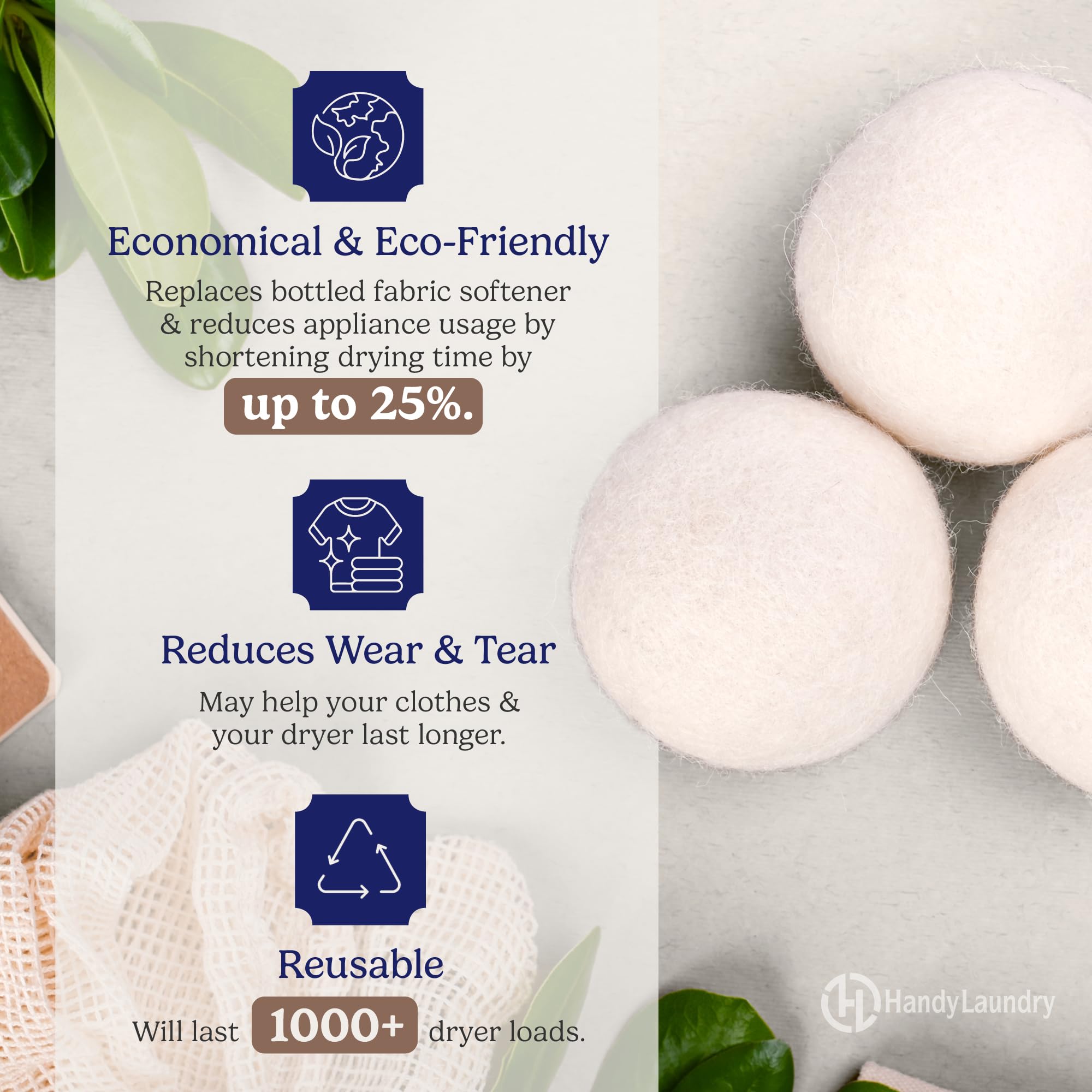 Handy Laundry Wool Dryer Balls - 2.5 Inch - Natural Fabric Softener, Reusable, Reduces Clothing Wrinkles and Saves Drying Time, Better Alternative