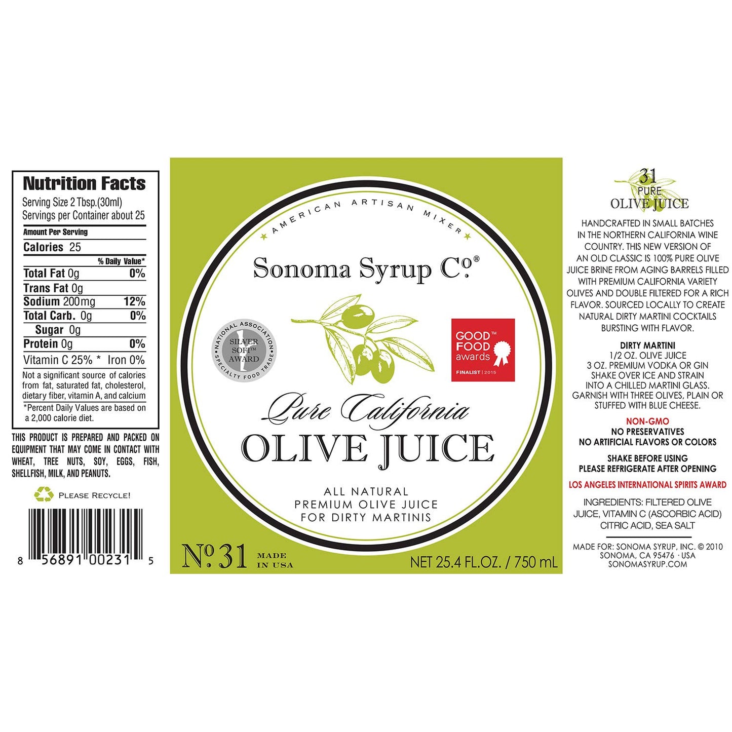 Sonoma Syrup Co Pure Olive Juice 25.4 Fl Oz Bar Mixer for Dirty Martini