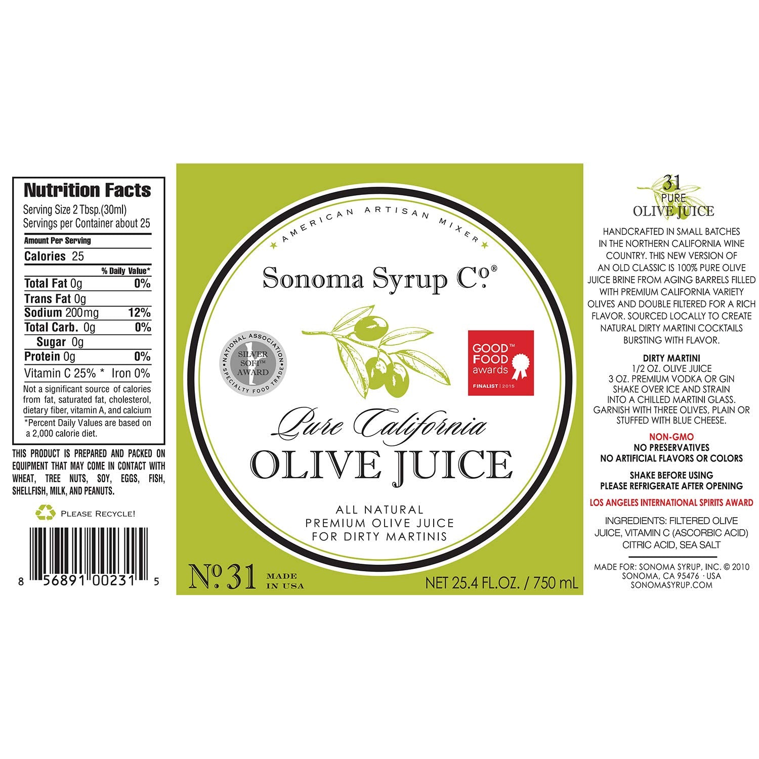 Sonoma Syrup Co Pure Olive Juice 25.4 Fl Oz Bar Mixer for Dirty Martini