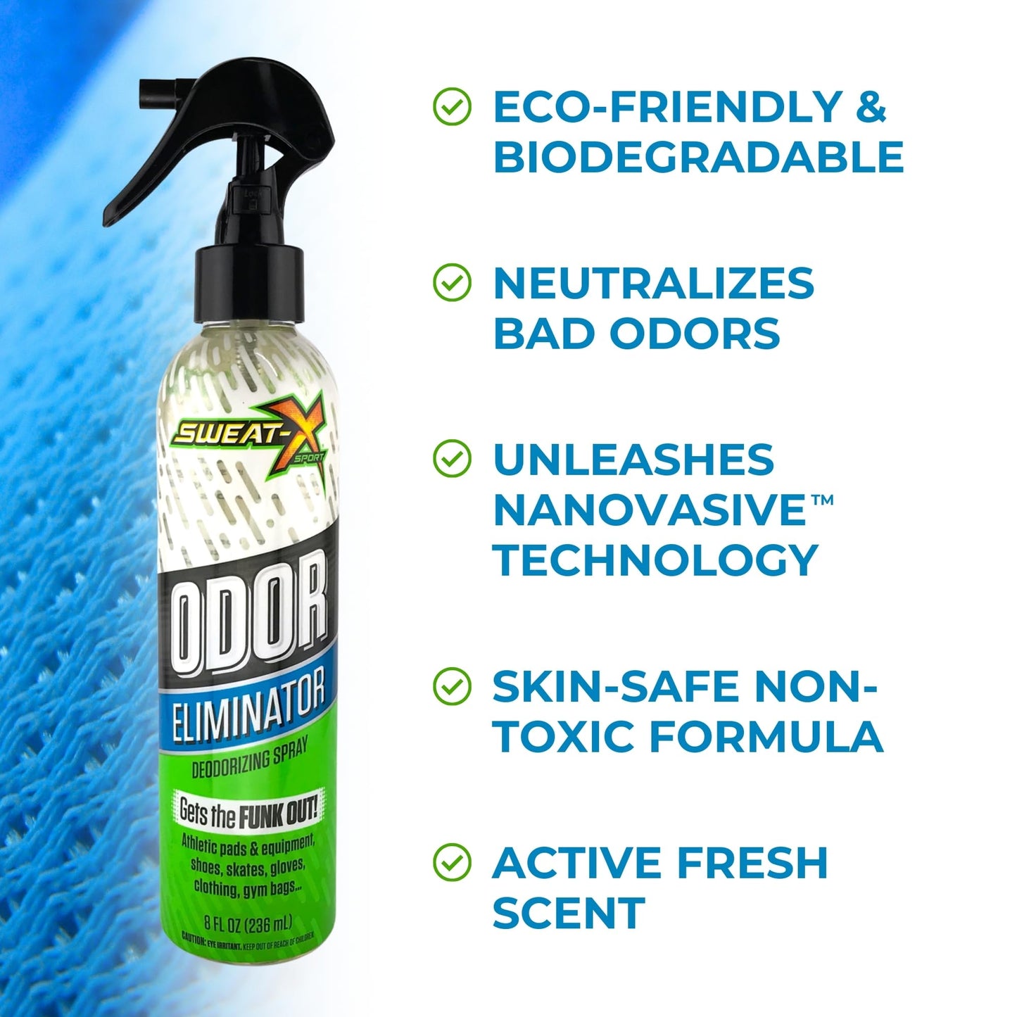 Sweat X Sport Extreme Odor Spray - Multipurpose Deodorizer for Stinky Shoes, Clothes, Sports Equipment & All Fabrics - Concentrated Formula, No