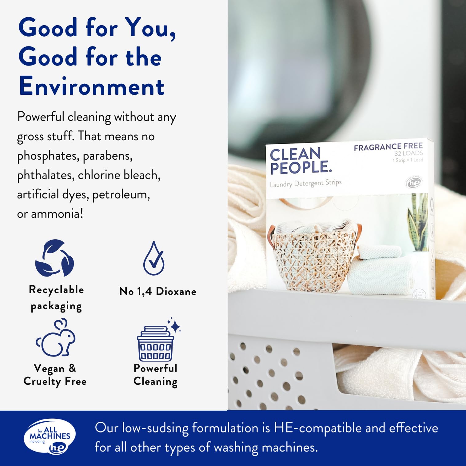 Clean People Laundry Detergent Sheets- Recyclable Packaging, Hypoallergenic, Stain Fighting, Works with All Machines including HE (128 Count, Variety