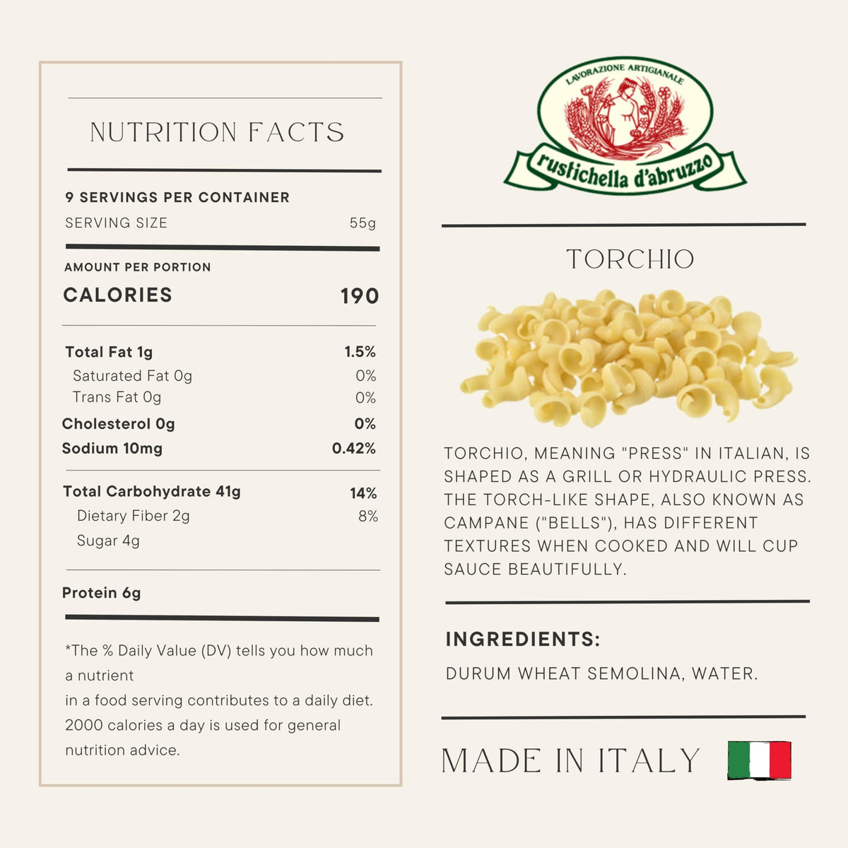 Rustichella d'Abruzzo Torchio Pasta - Unique Bell-Shaped Pasta, Ideal for Ragù & Puttanesca Sauces - 500g Tray - Authentic Italian Durum Wheat