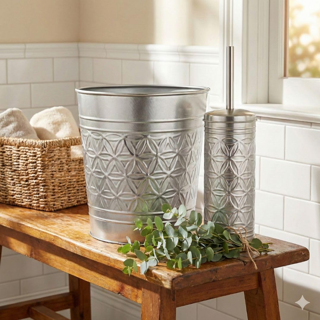 Autumn Alley Brushed Nickel Bathroom Trash Can and Toilet Brush Set - 2-Piece Silver Metal Bathroom Accessories Set, Modern Farmhouse & Transitional